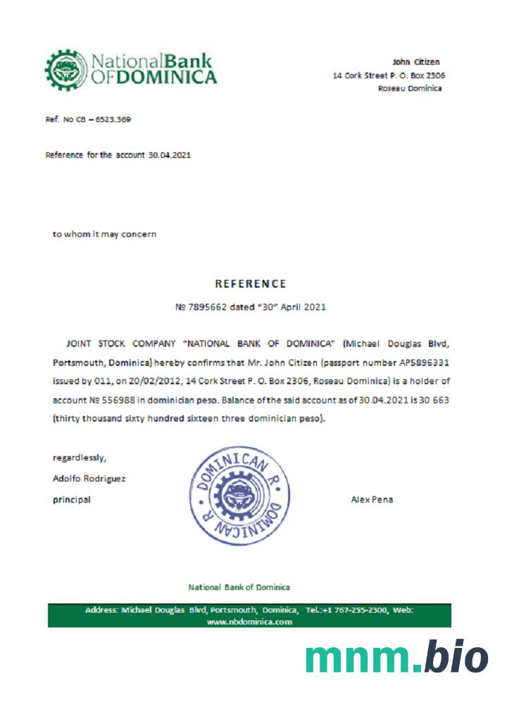 Przykład odniesienia Dominicia National Bank of Dominica w formatach Word i PDF